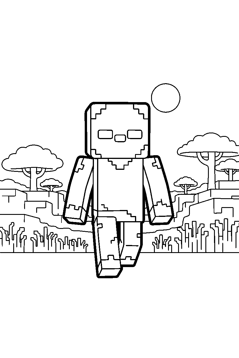 minecraft zombie approaching in silence in a savanna line art