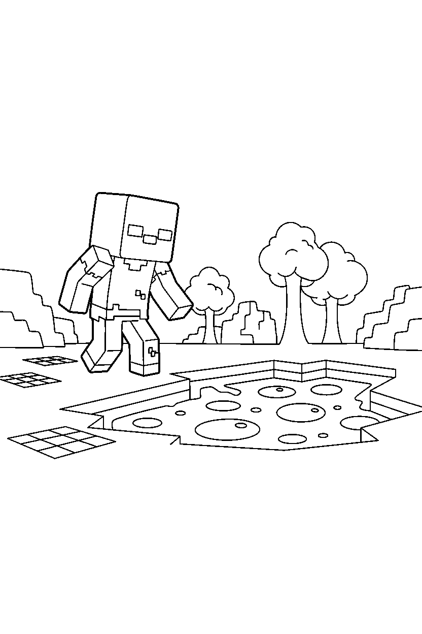 minecraft zombie approaching quietly near a lava lake line art