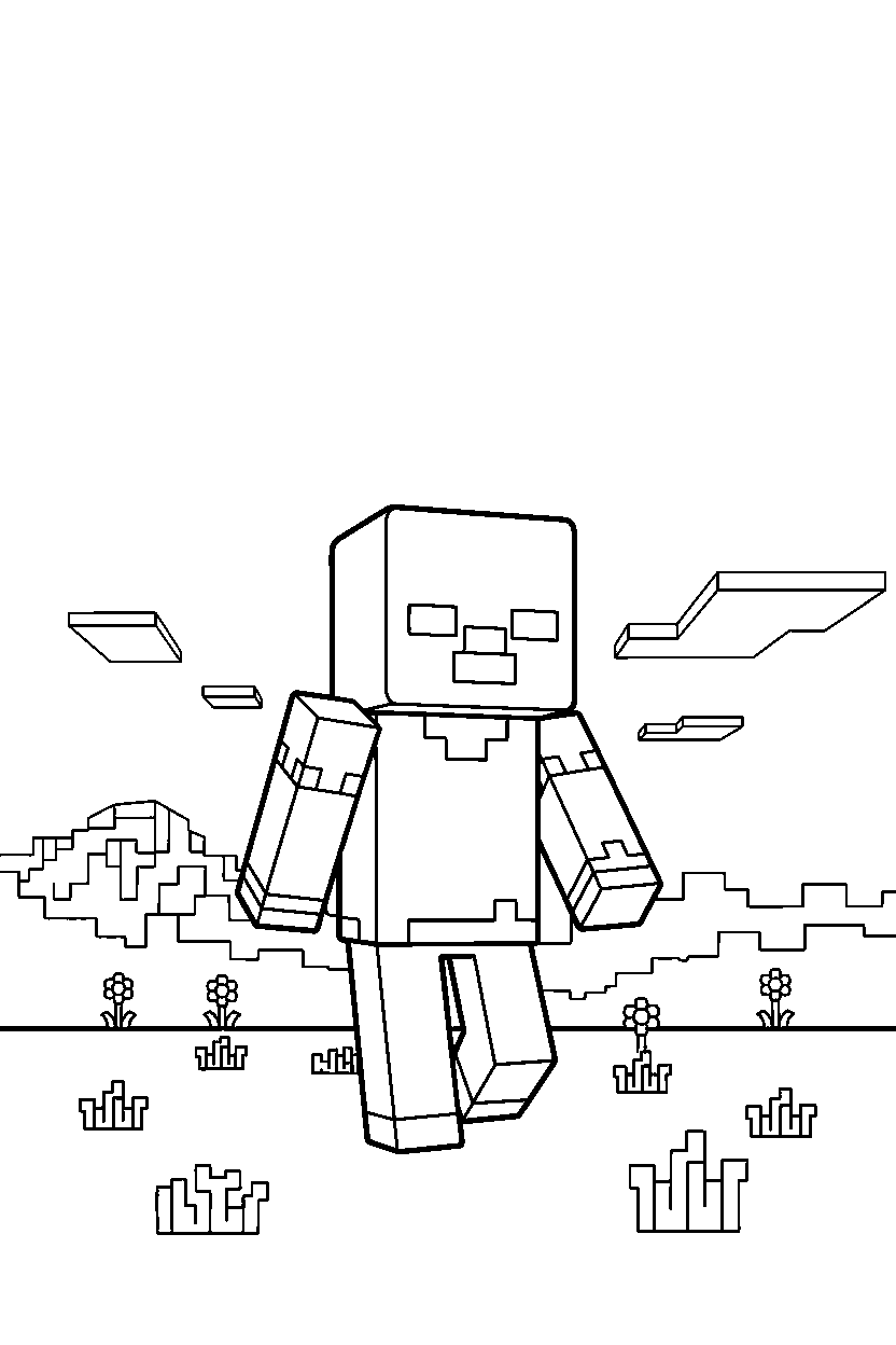 minecraft zombie approaching slowly in a meadow line art
