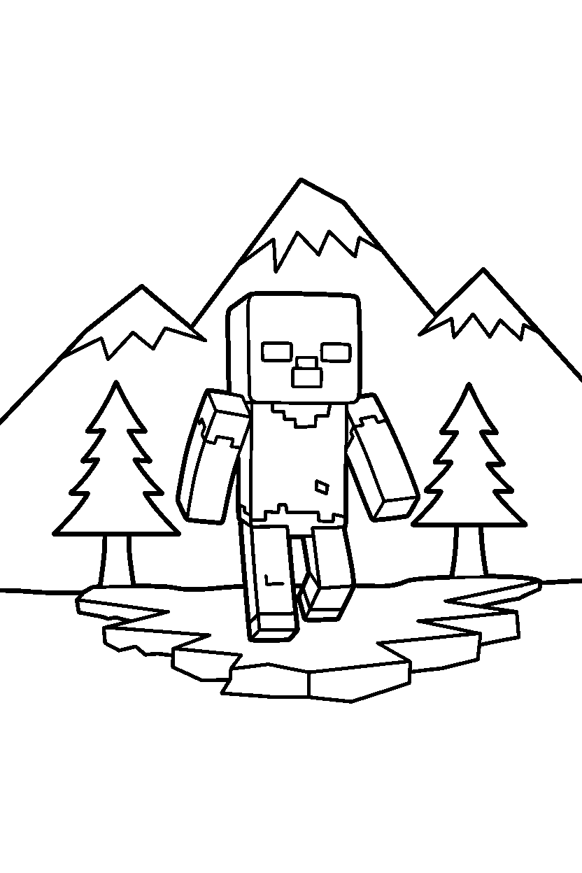 minecraft zombie approaching slowly in mountains line art