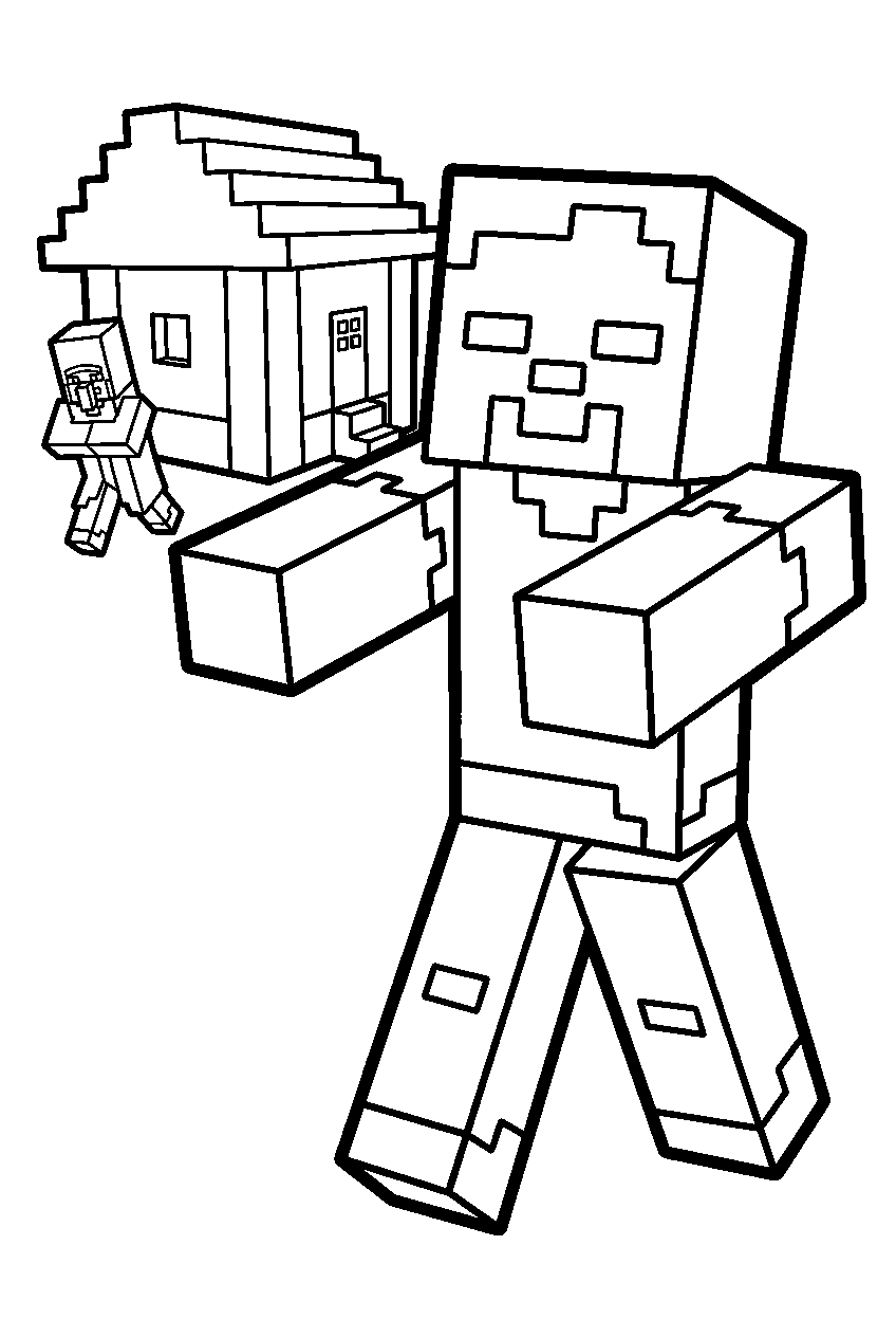 minecraft zombie attacking a village line art