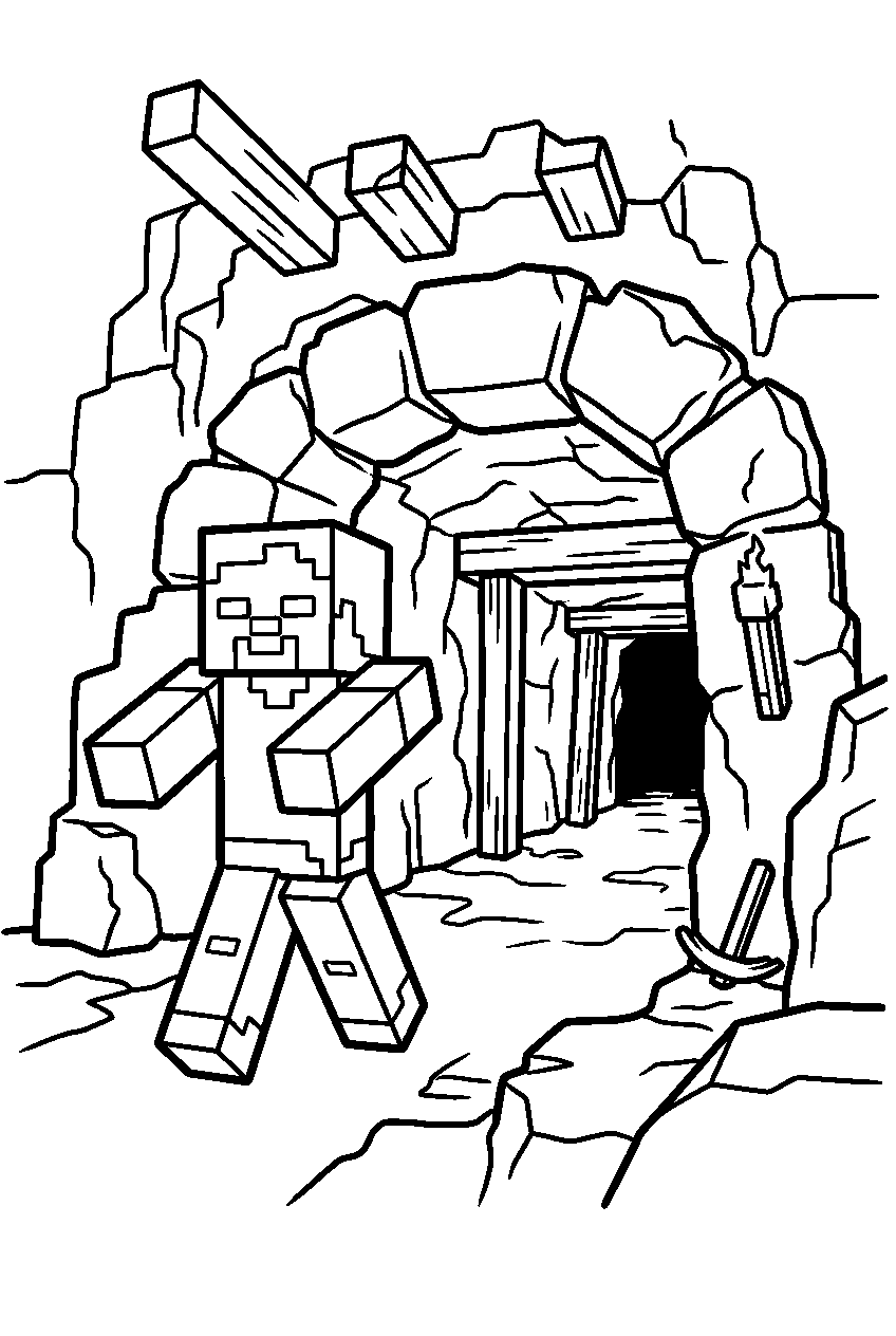 minecraft zombie exploring in mine entrance line art