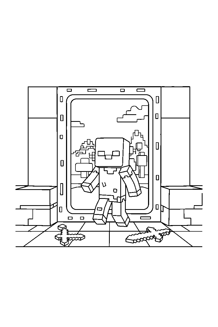 minecraft zombie exploring in portal room line art