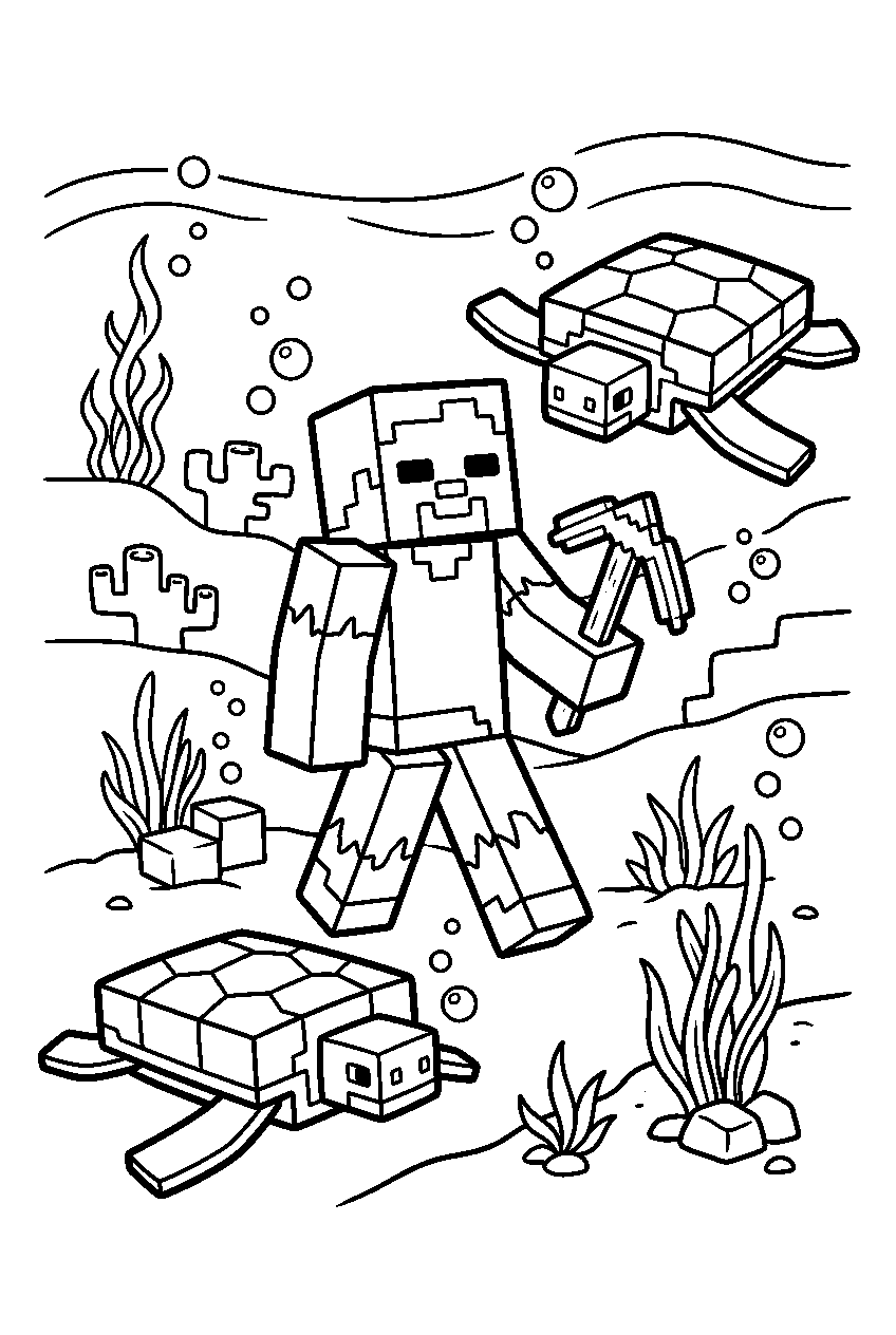 minecraft zombie exploring in sea turtle habitat line art