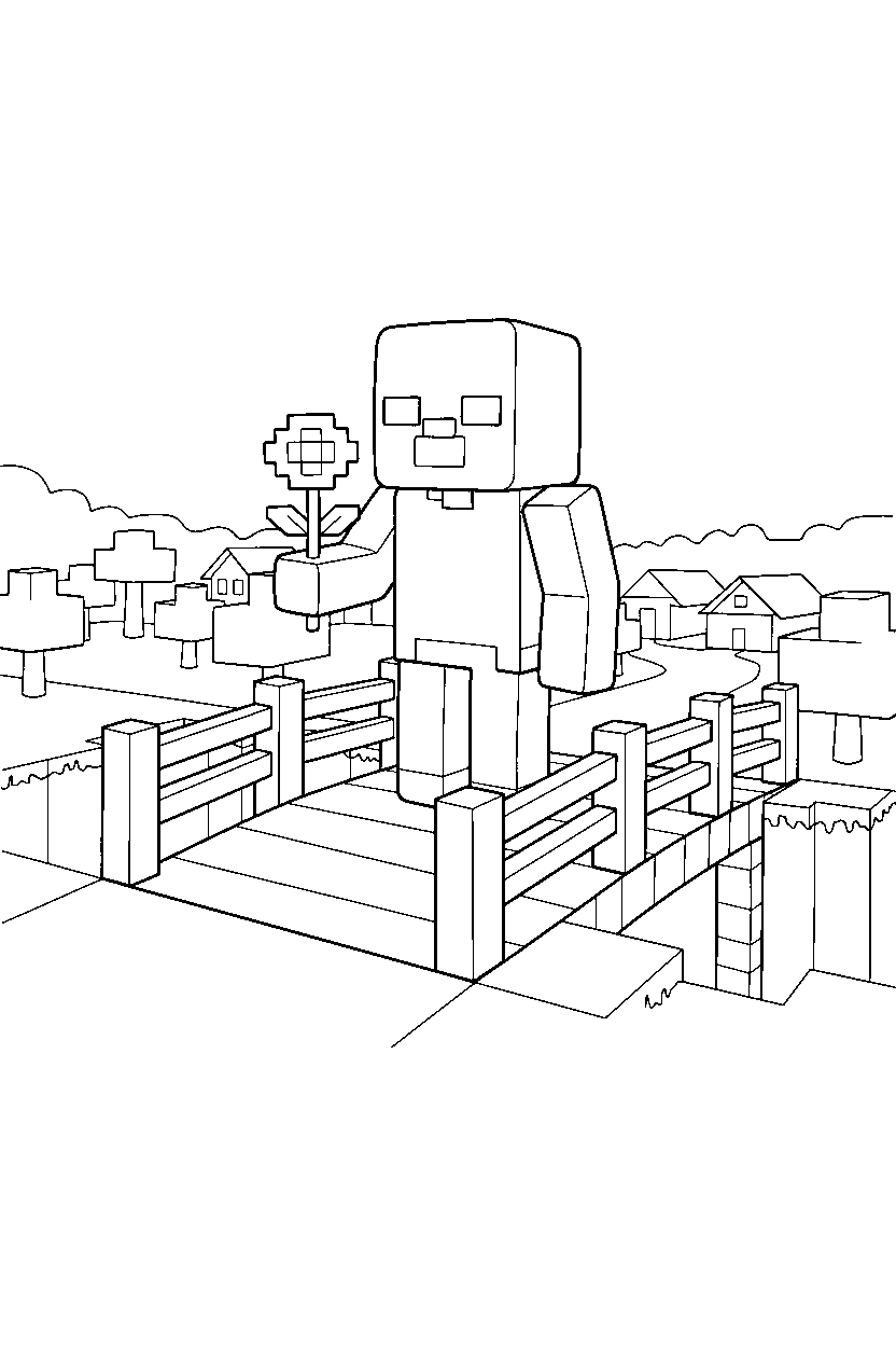 minecraft zombie holding a flower on a bridge line art