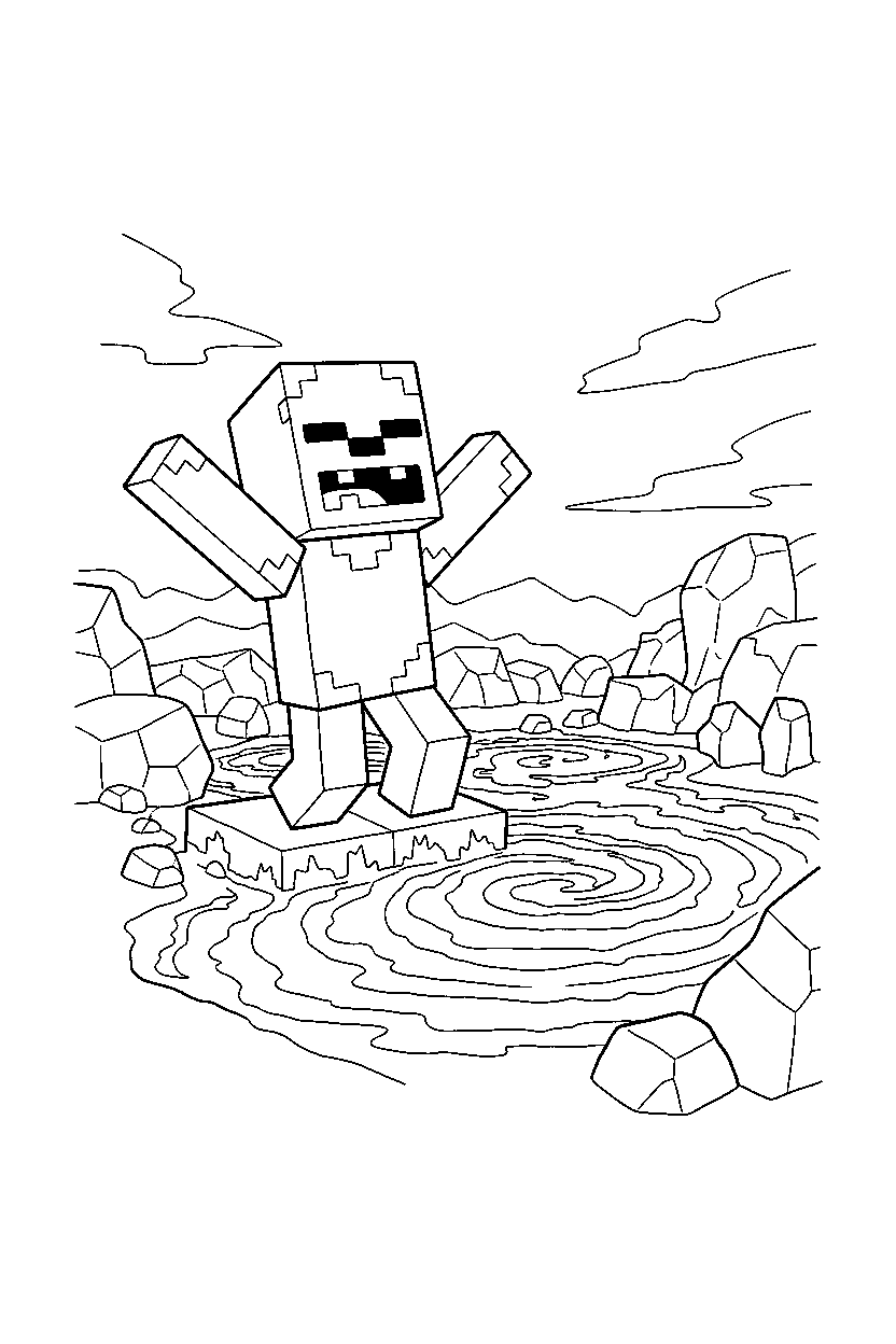 minecraft zombie howling playfully near a lava lake line art