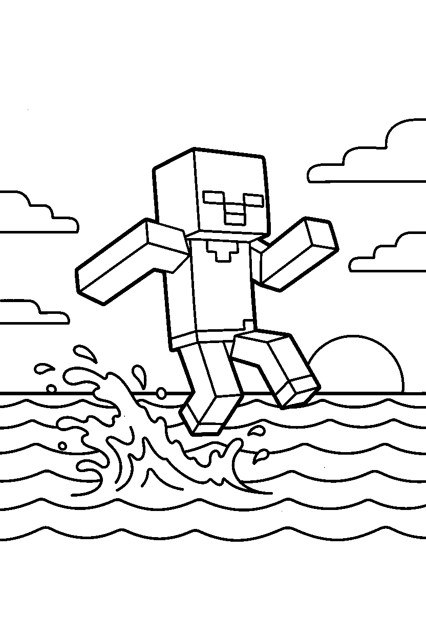 minecraft zombie jumping in ocean line art