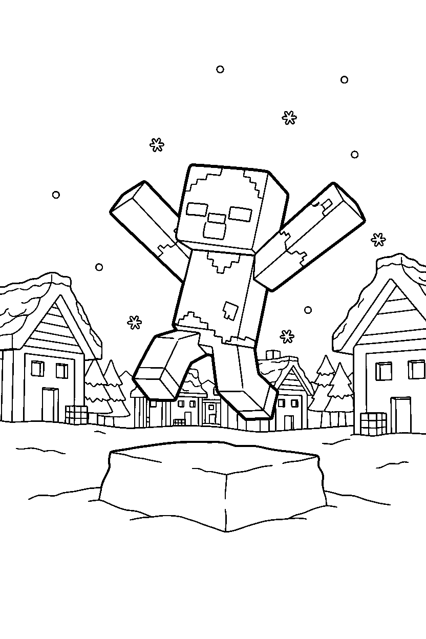 minecraft zombie jumping in snow village line art