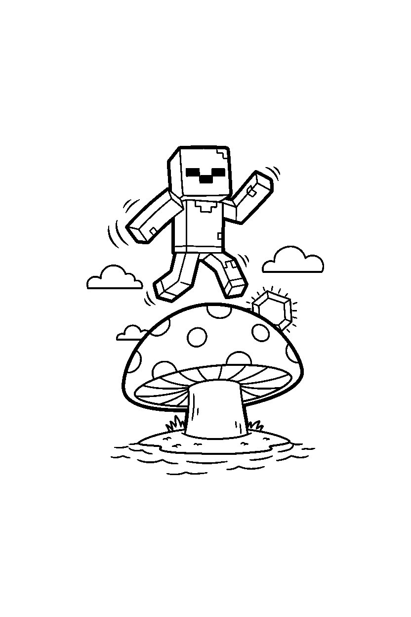 minecraft zombie jumping playfully on a mushroom island line art