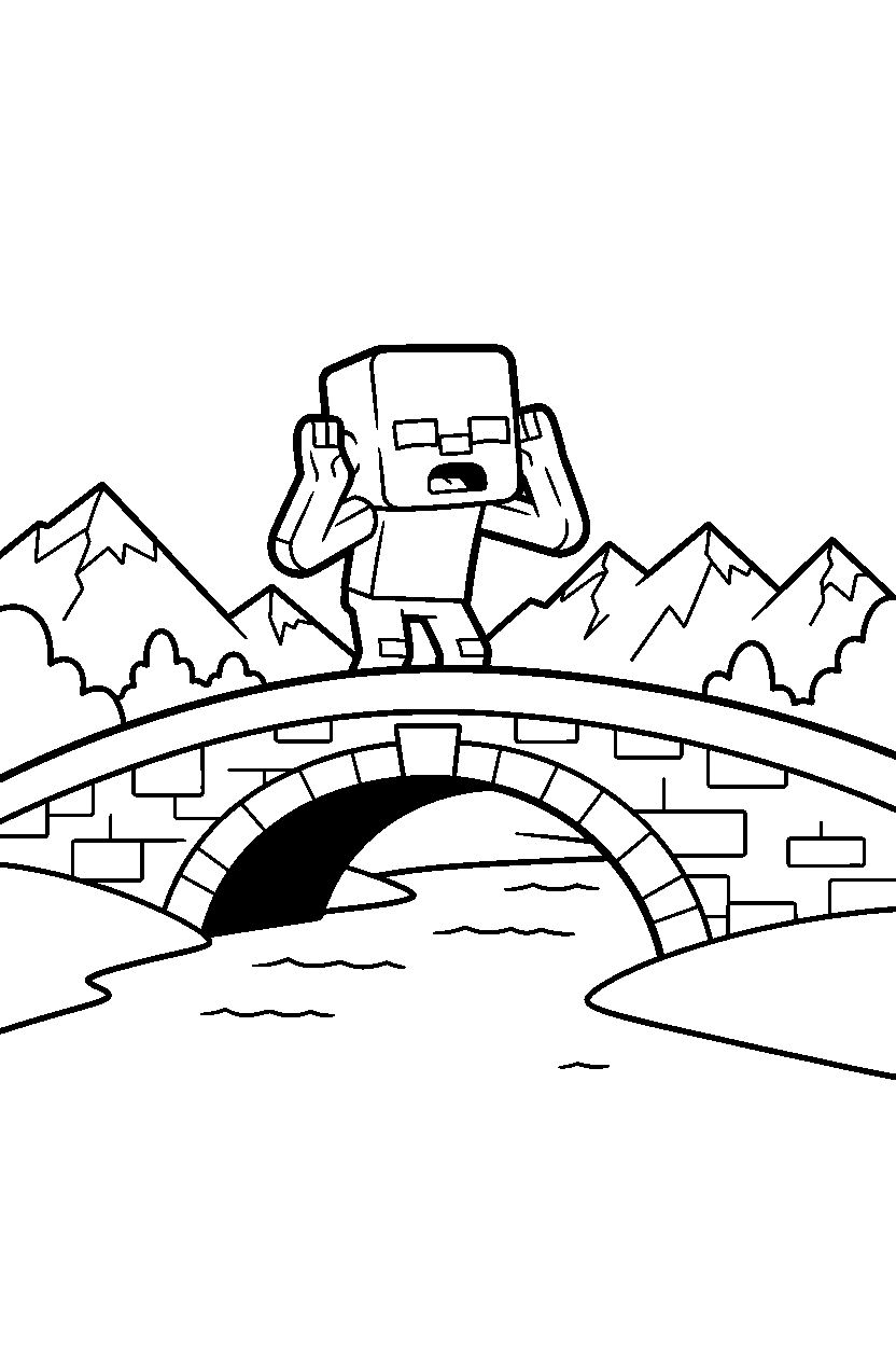 minecraft zombie listening carefully on a bridge line art