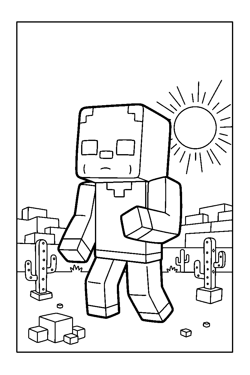 minecraft zombie looking around carefully in a desert line art