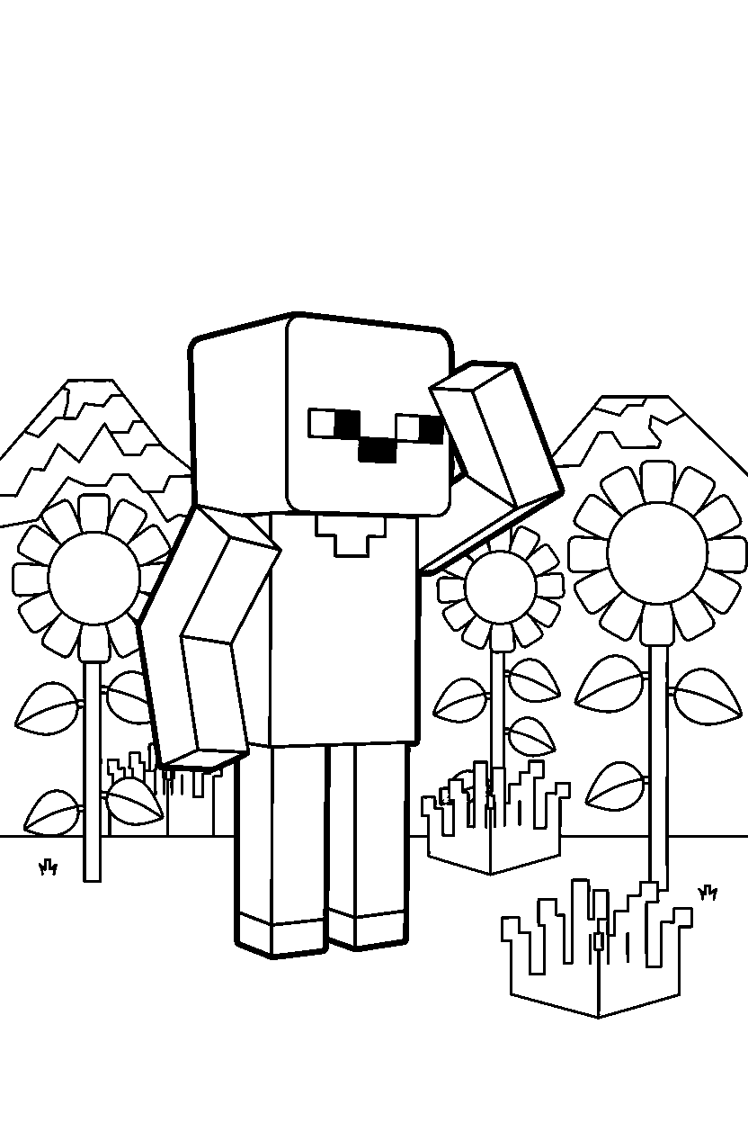 minecraft zombie looking around carefully in sunflower plains line art