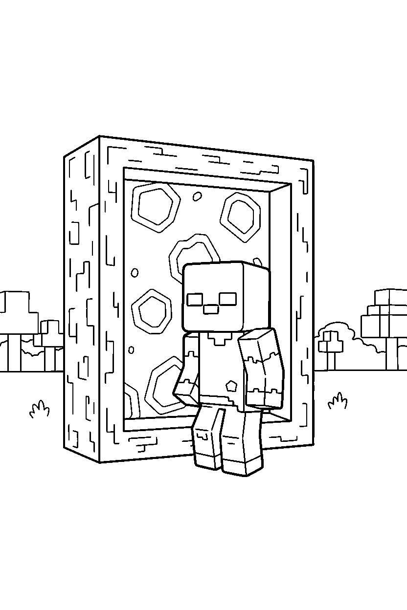 minecraft zombie looking around carefully near a portal line art