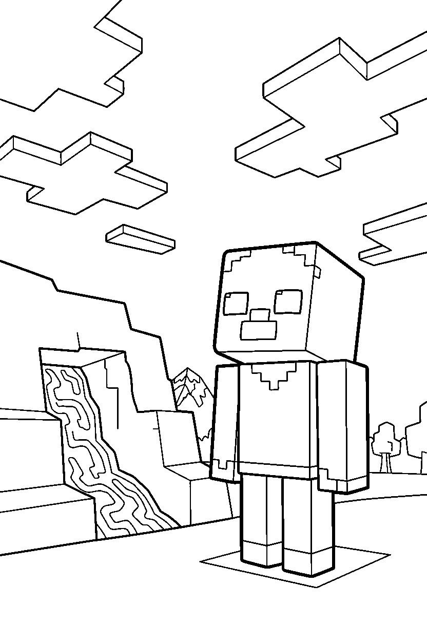 minecraft zombie looking at the sky near a lava cave line art