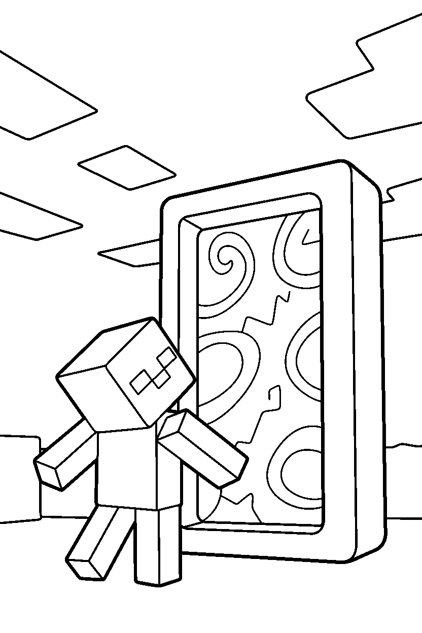 minecraft zombie looking toward the sky near a nether portal line art