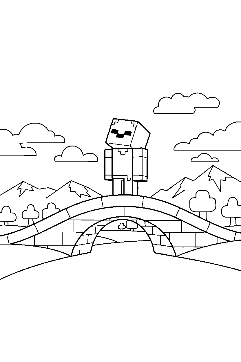 minecraft zombie looking toward the sky on a bridge line art