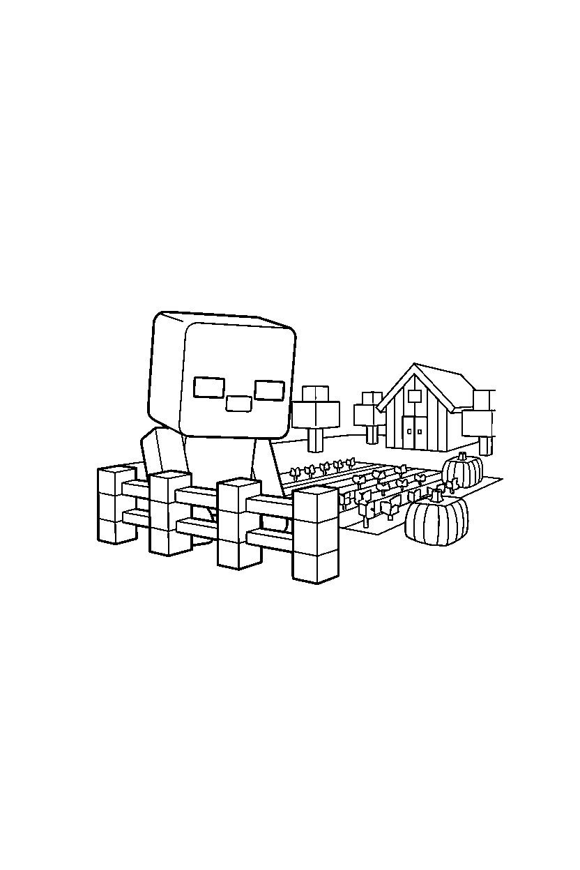 minecraft zombie lurking in silence near a farm field line art