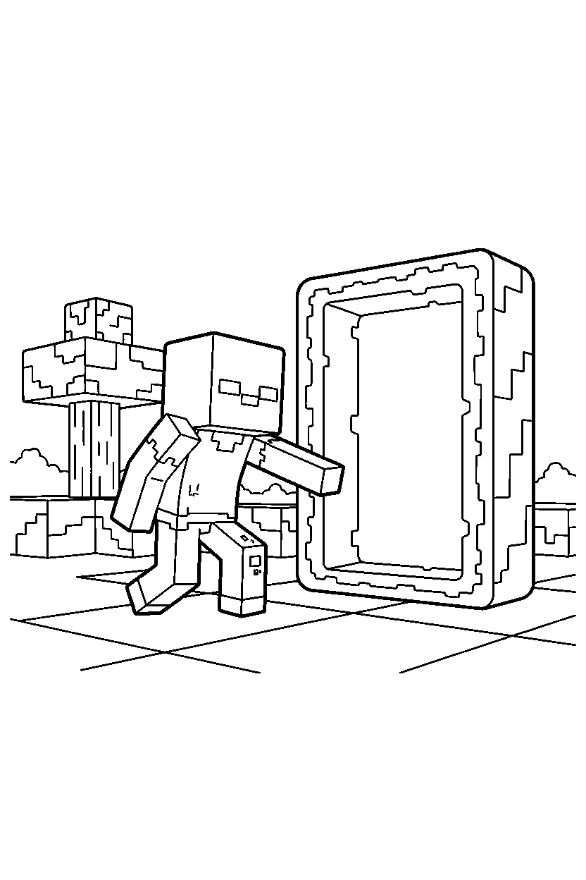 minecraft zombie lurking quietly near a nether portal line art