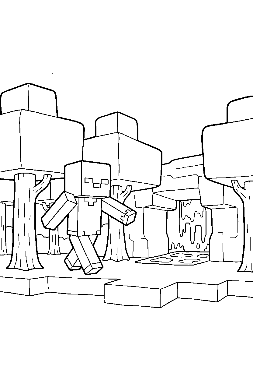 minecraft zombie moving between trees near a lava cave line art