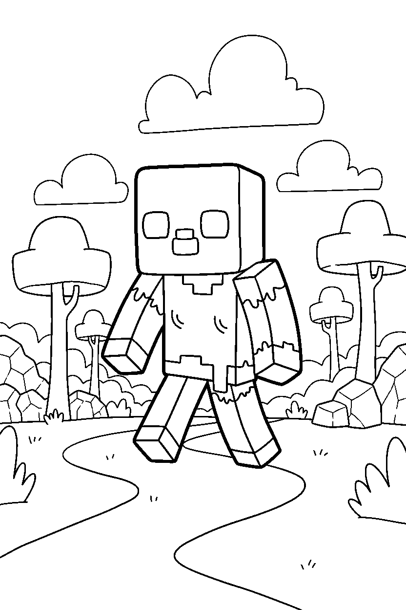 minecraft zombie moving carefully in a forest line art