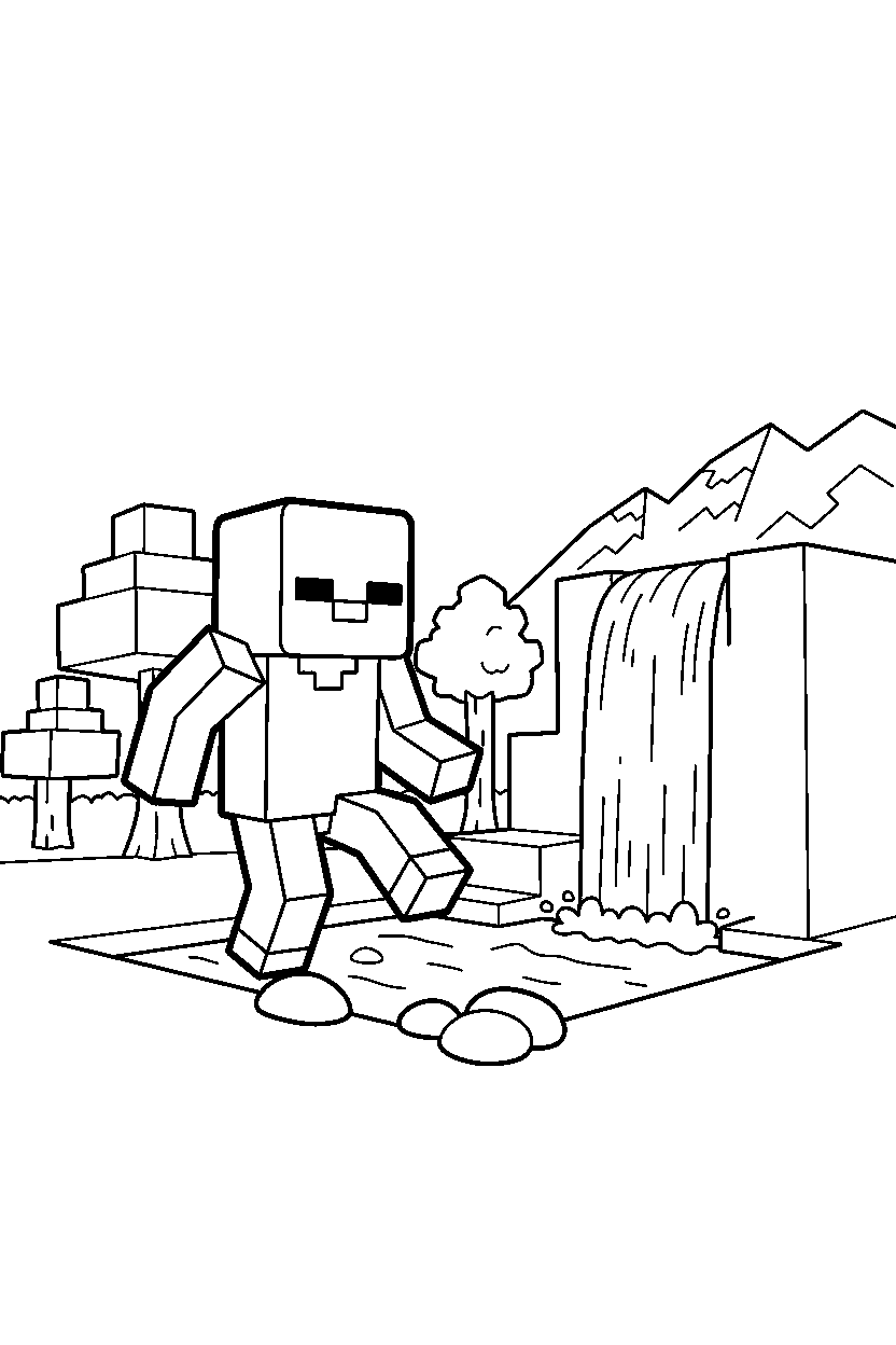 minecraft zombie moving carefully near a waterfall line art