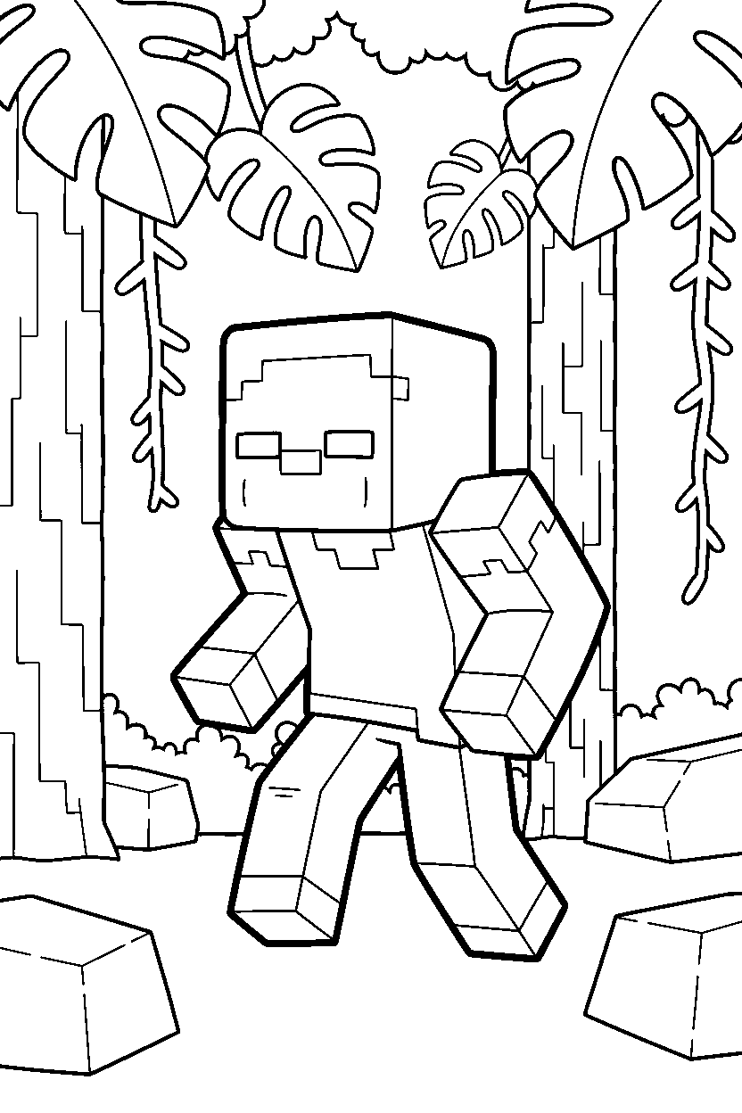 minecraft zombie moving in silence in a jungle line art