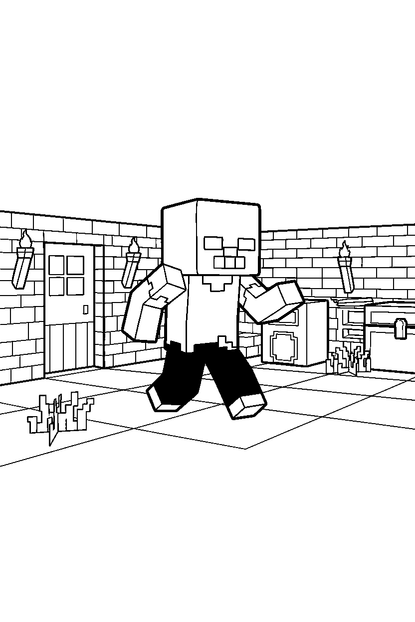 minecraft zombie moving silently in a survival base line art
