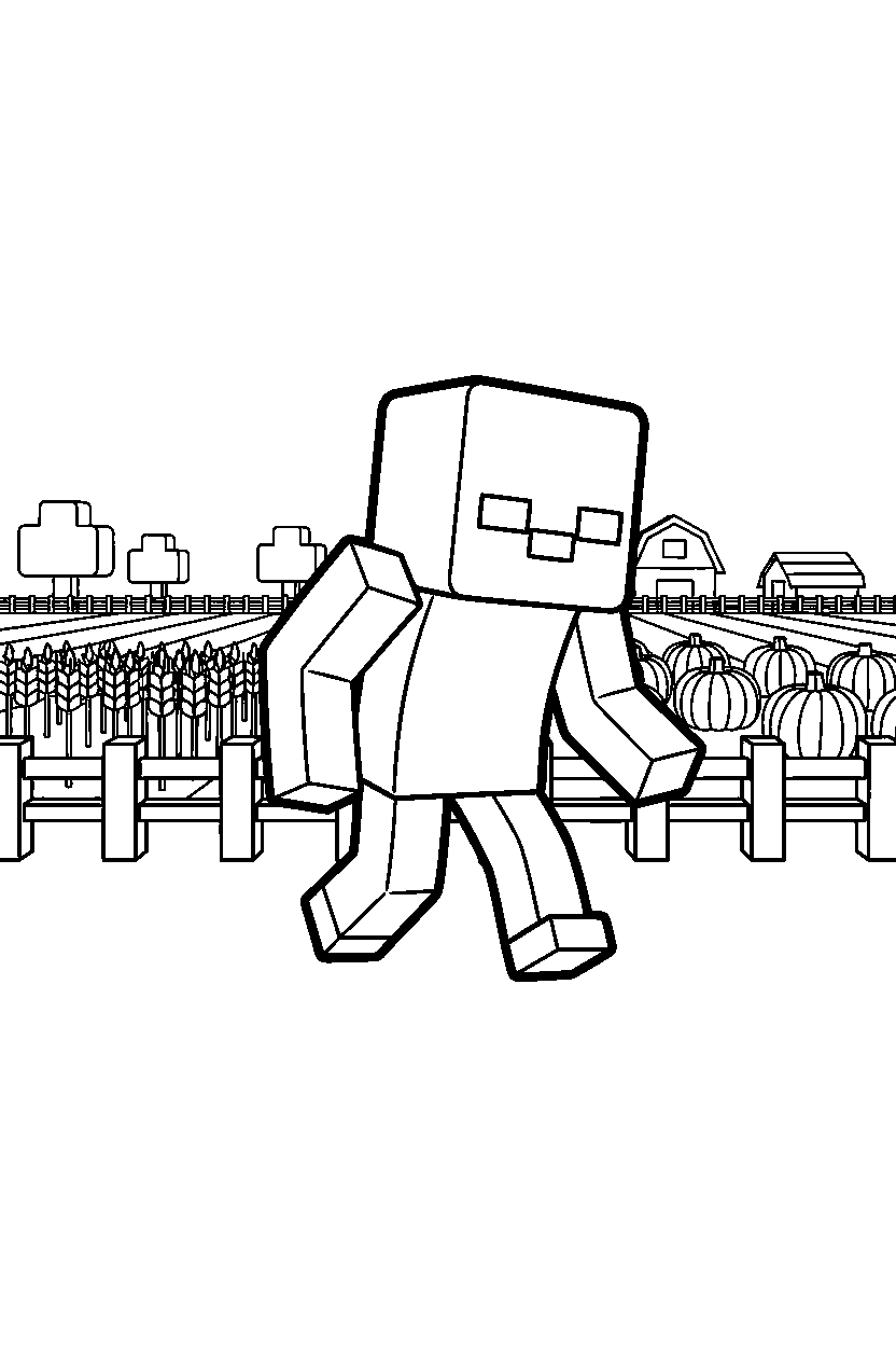 minecraft zombie moving silently near a farm field line art