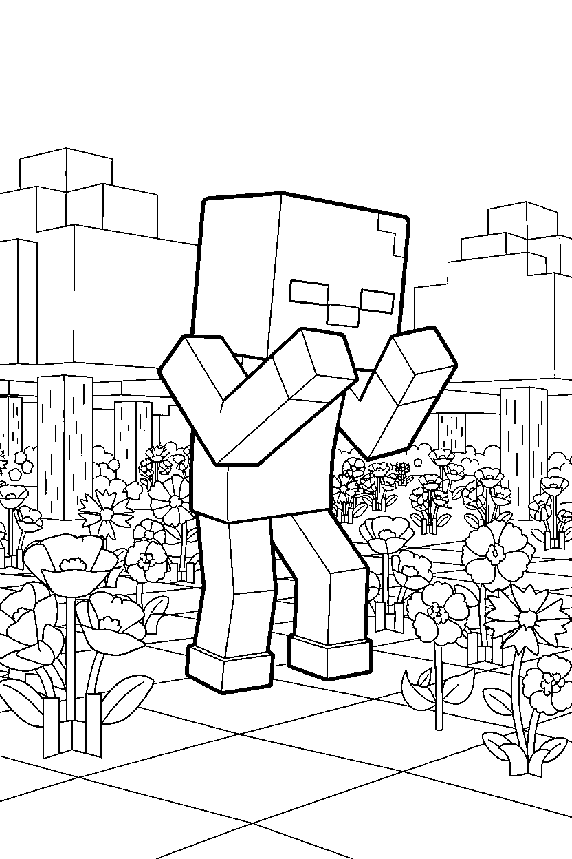 minecraft zombie observing carefully in a flower forest line art