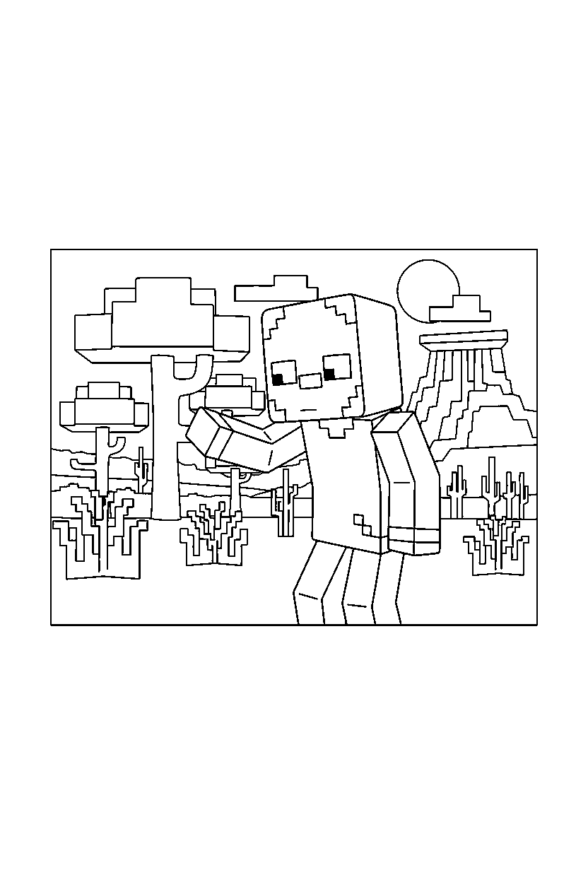 minecraft zombie observing carefully in a savanna line art