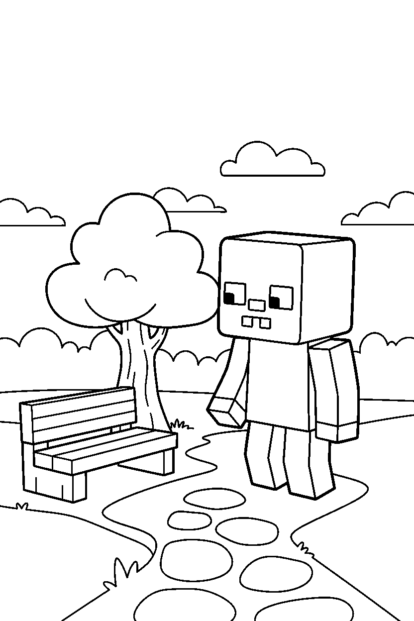 minecraft zombie observing in park line art