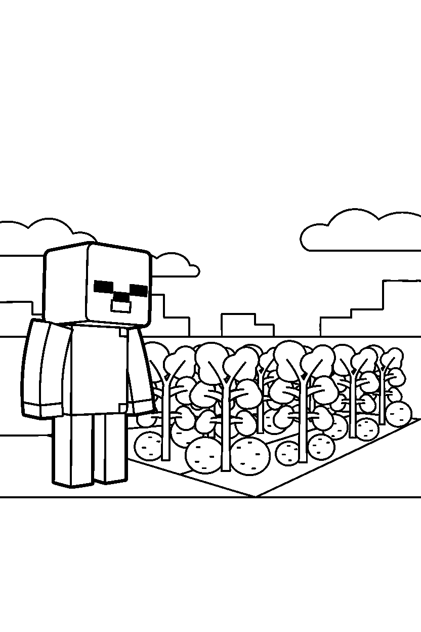 minecraft zombie observing in potato farm line art