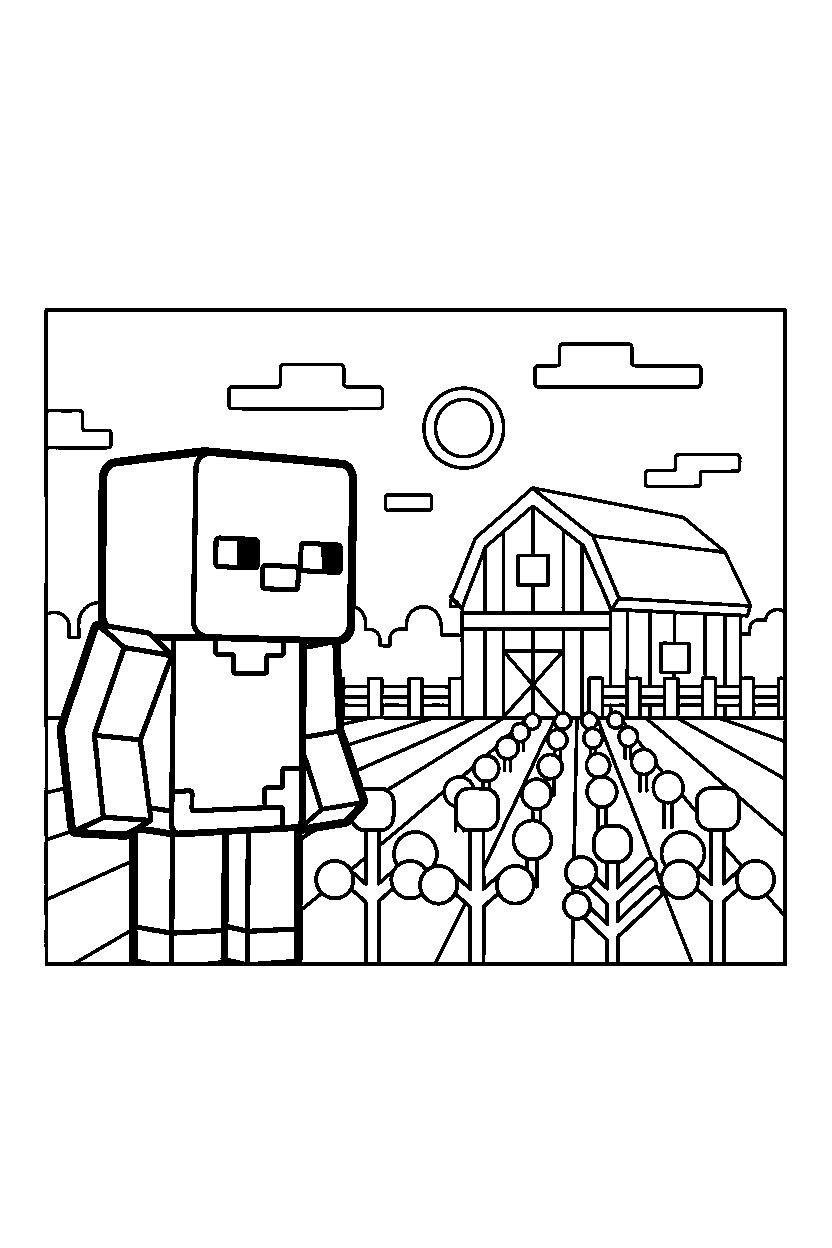 minecraft zombie observing near a farm field line art