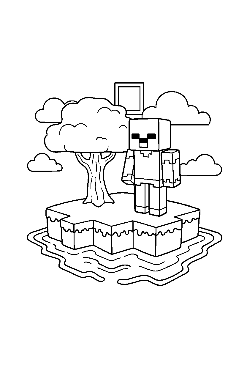 minecraft zombie observing on island line art