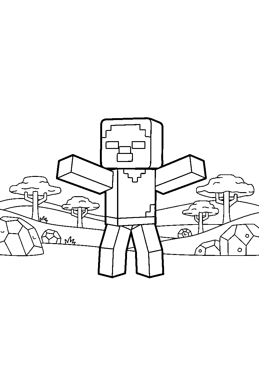 minecraft zombie observing silently in a savanna line art