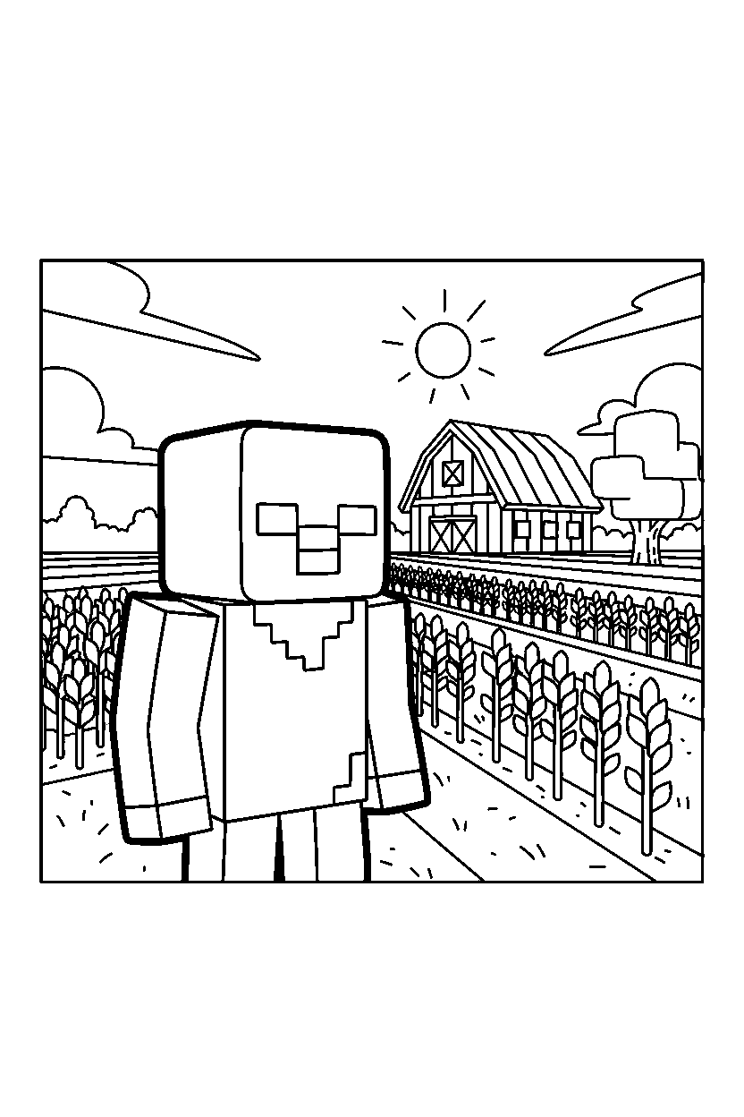 minecraft zombie observing the surroundings near a farm field line art