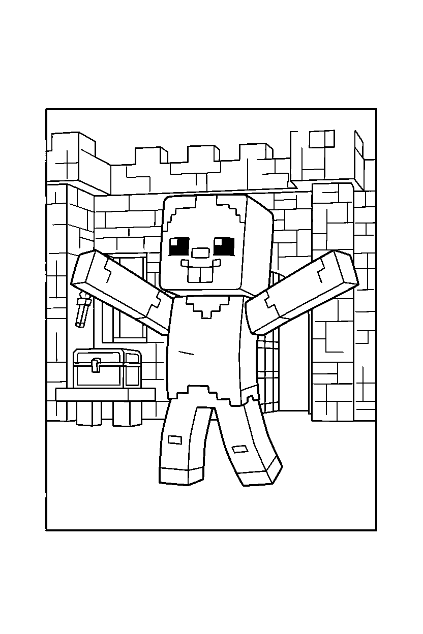 minecraft zombie posing happily in a castle base line art