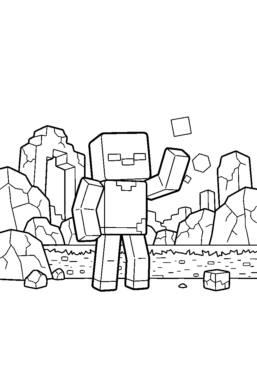 minecraft zombie posing in ruin line art