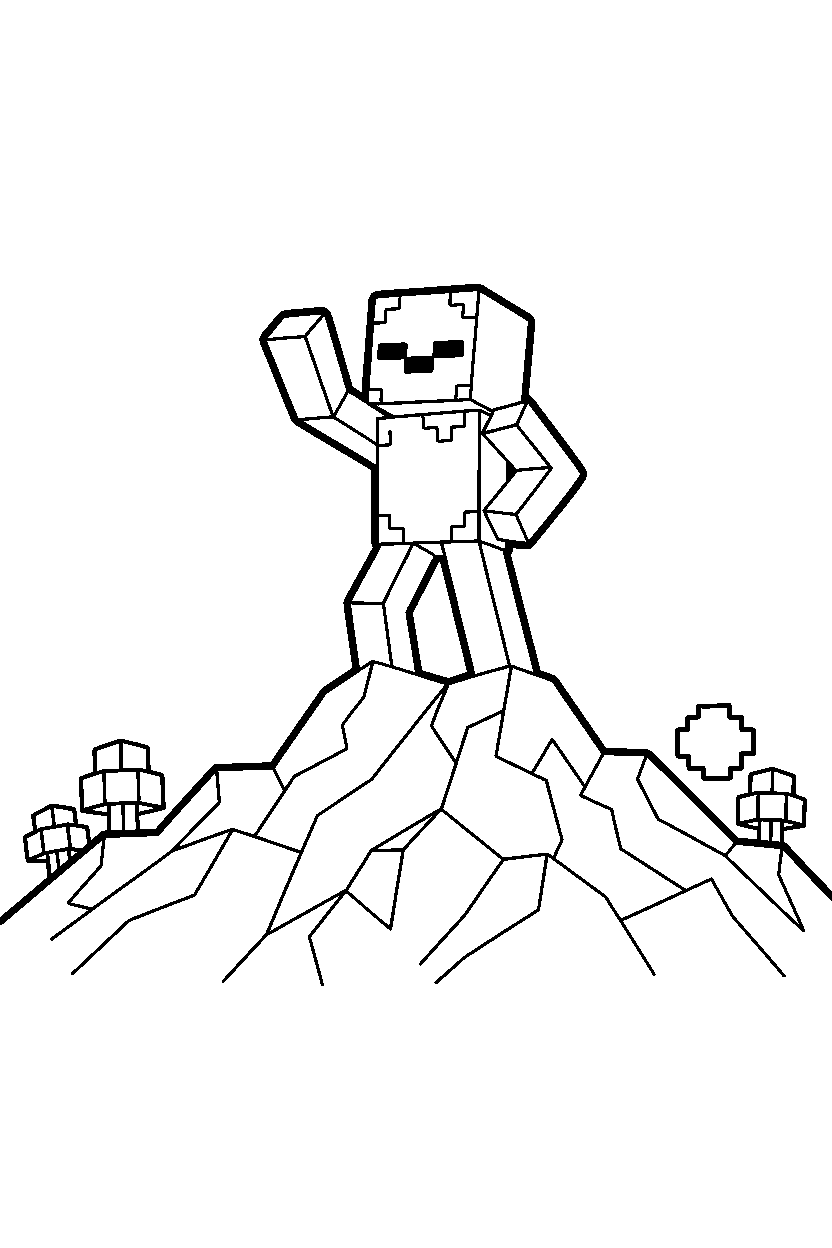 minecraft zombie posing on mountain line art