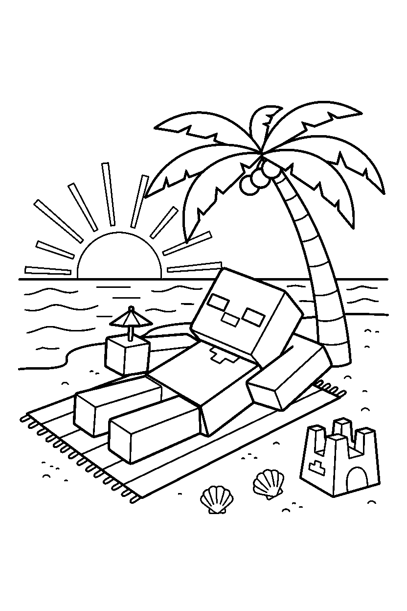 minecraft zombie resting on beach line art