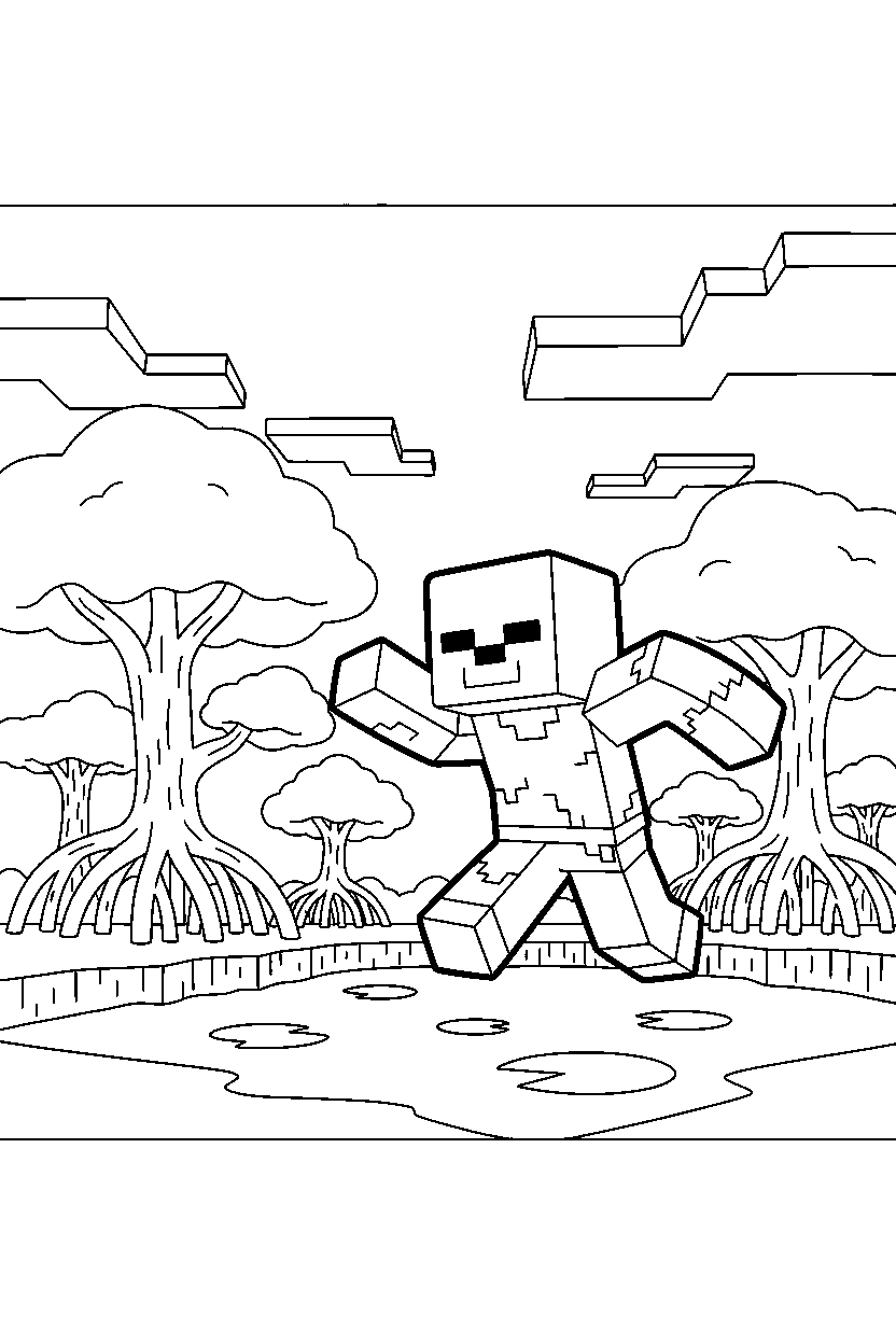 minecraft zombie running in a mangrove swamp line art