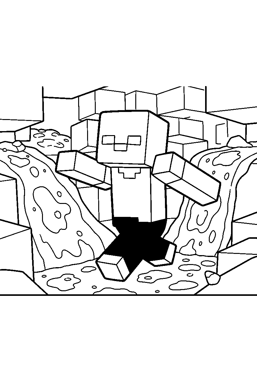 minecraft zombie running in lava cave line art