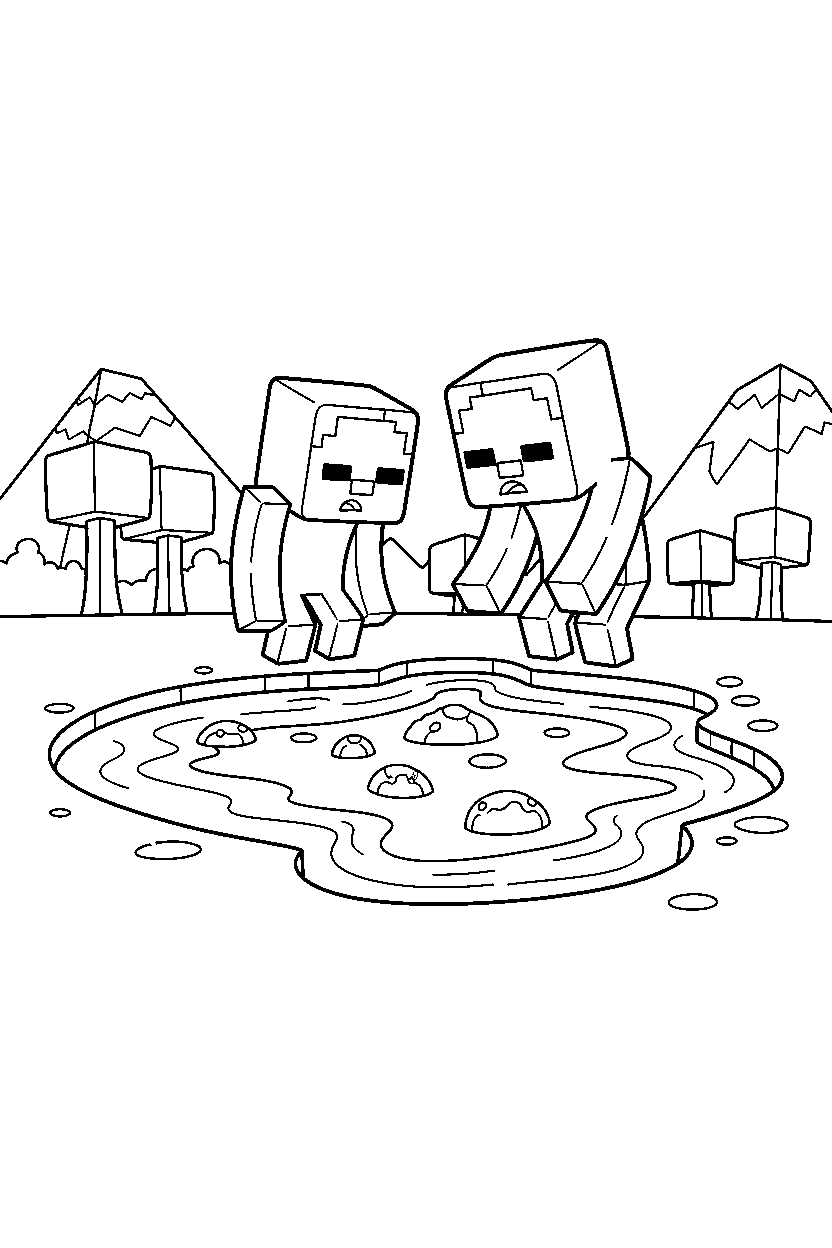 minecraft zombie searching carefully near a lava lake line art