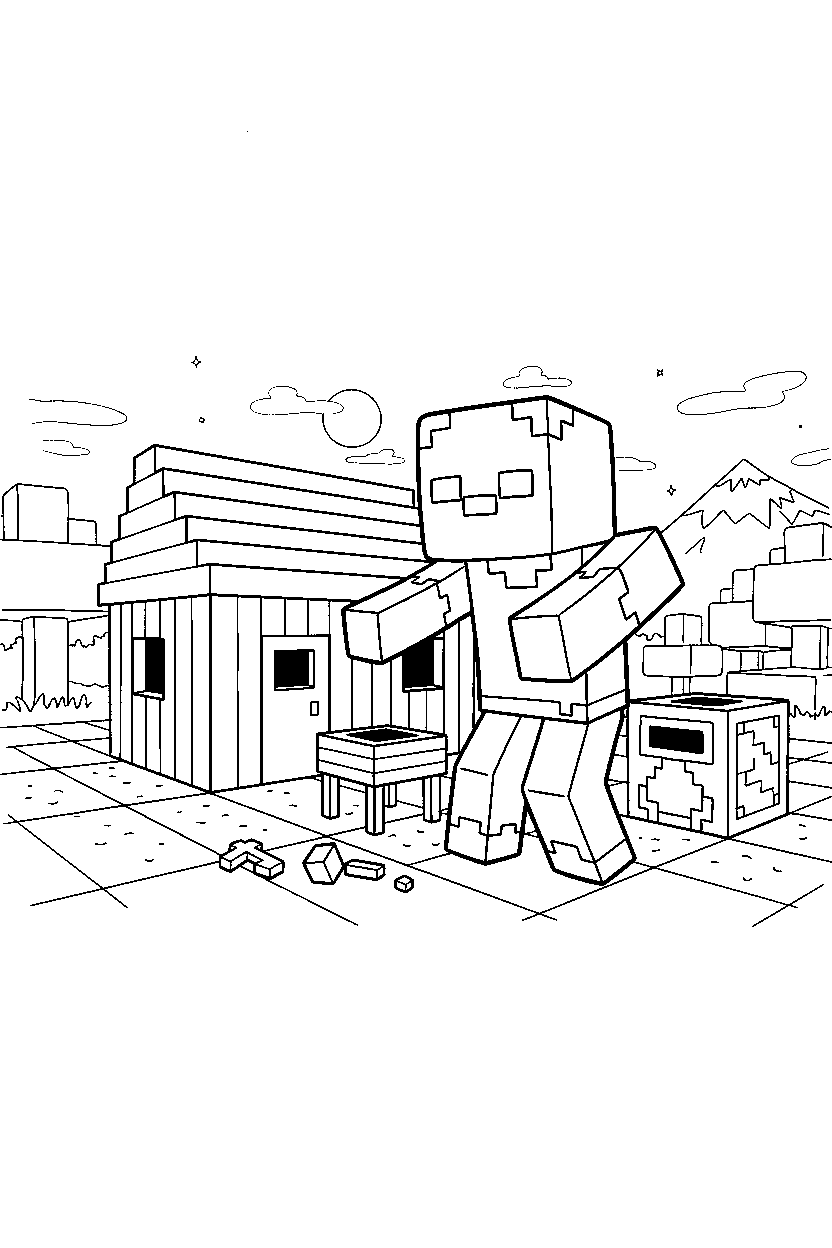 minecraft zombie searching quietly in a survival base line art