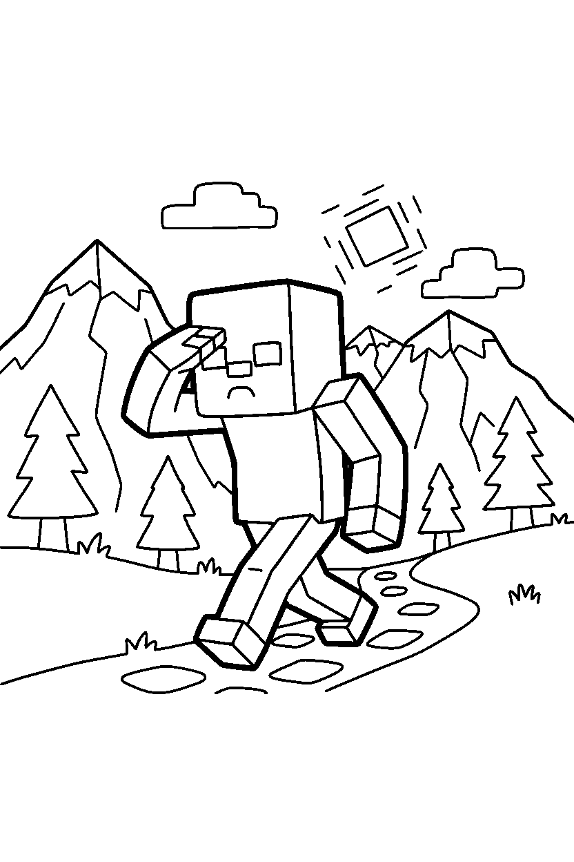 minecraft zombie searching quietly in mountains line art