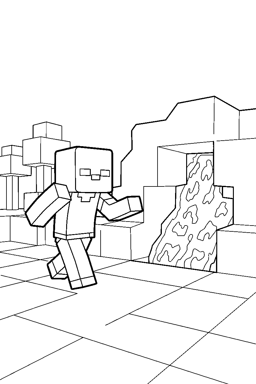minecraft zombie searching silently near a lava cave line art