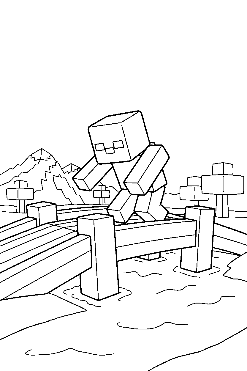 minecraft zombie searching silently on a bridge line art
