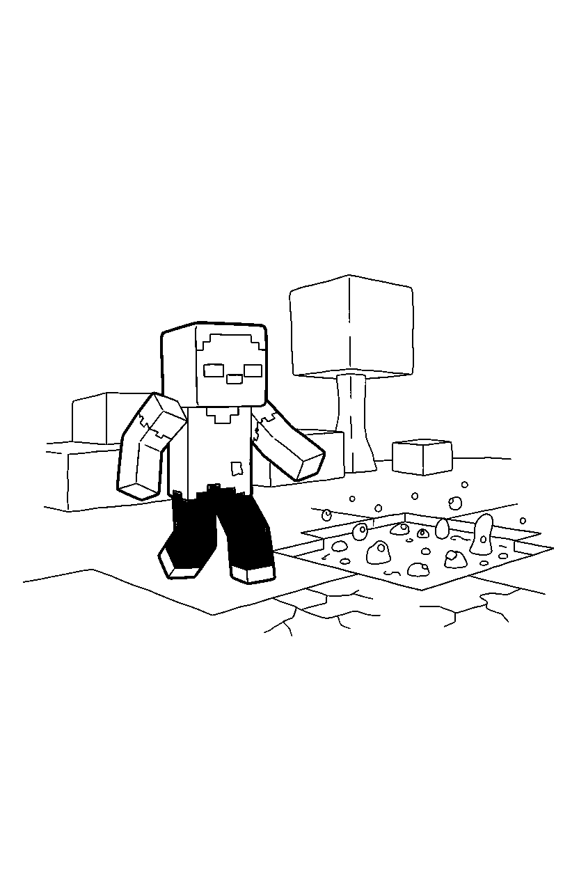 minecraft zombie shuffling cautiously near a lava lake line art