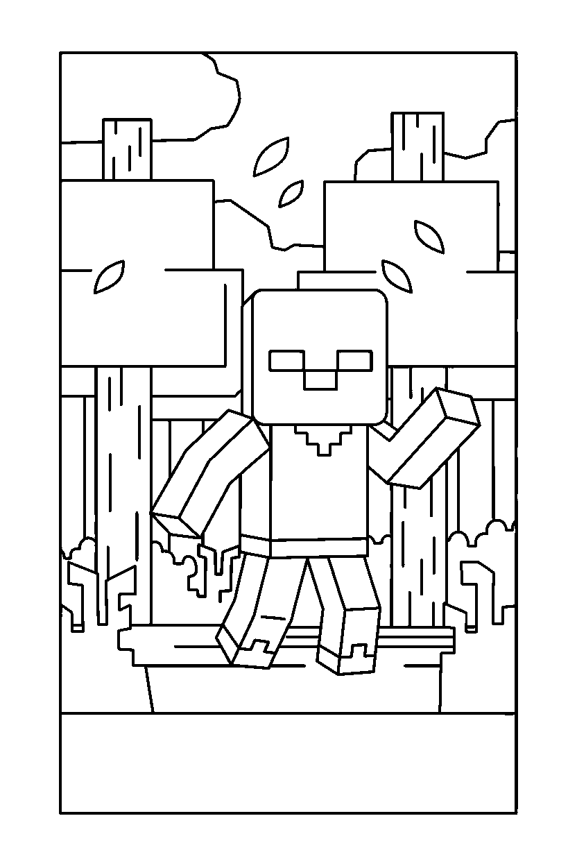 minecraft zombie shuffling forward in a forest line art