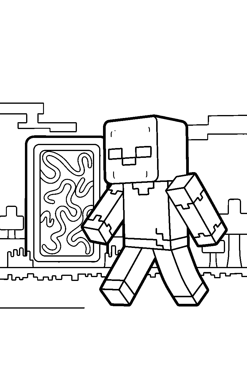 minecraft zombie shuffling forward near a portal line art